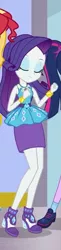 Size: 243x997 | Tagged: safe, derpibooru import, screencap, rarity, sci-twi, sunset shimmer, twilight sparkle, a fine line, equestria girls, equestria girls series, clothes, eyes closed, high heels, offscreen character, shoes, skirt, smiling