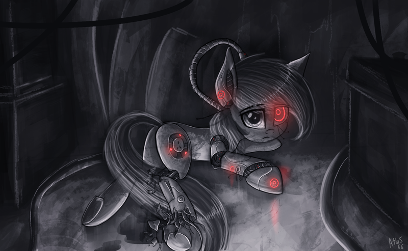 Size: 1788x1102 | Tagged: safe, artist:atlas-66, derpibooru import, oc, unofficial characters only, earth pony, pony, robot, robot pony, broken, damaged, looking at you, looking up, lying down, solo, wires