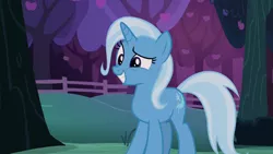 Size: 1280x720 | Tagged: safe, derpibooru import, screencap, trixie, pony, unicorn, uncommon bond, apple tree, cute, diatrixes, female, grin, mare, night, raised eyebrow, smiling, solo, squee, tree