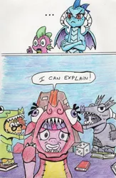 Size: 636x974 | Tagged: safe, artist:kuroneko, derpibooru import, maud pie, princess ember, spike, sunburst, twilight sparkle, alicorn, dragon, earth pony, pony, unicorn, uncommon bond, ..., awkward, board game, book, colored pencil drawing, dice, disguise, dragon costume, dragon pit, dragoness, female, i can explain, shocked, traditional art, we're a culture not a costume
