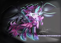 Size: 1280x908 | Tagged: safe, artist:yitsune-melody, derpibooru import, sci-twi, twilight sparkle, ponified, pony, equestria girls ponified, glowing eyes, glowing horn, midnight sparkle, raised hoof, solo, watermark