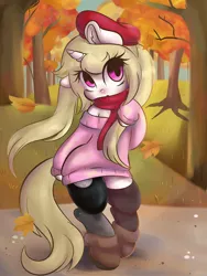 Size: 3520x4681 | Tagged: safe, artist:wickedsilly, derpibooru import, oc, oc:cherry blossom, unofficial characters only, pony, unicorn, autumn, beret, clothes, cute, female, gift art, hat, mare, ocbetes, scarf, sweater, tree