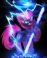 Size: 1024x1267 | Tagged: safe, artist:vanillaswirl6, derpibooru import, tempest shadow, unicorn, my little pony: the movie, angry, armor, black background, broken horn, colored eyelashes, colored pupils, dock, double bladed sword, ear fluff, electricity, eye scar, fangs, female, hoof hold, lightning, looking at you, magic, mare, scar, snarling, solo, sparking horn, sword, weapon