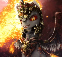Size: 3735x3400 | Tagged: safe, artist:princeoracle, derpibooru import, daybreaker, alicorn, pony, 3d, abstract background, armor, chains, chest fluff, choker, colored sclera, detailed, female, fire, fluffy, grin, helmet, jewelry, leg fluff, looking at you, mane of fire, mare, mouth hold, neck fluff, necklace, pendant, sharp teeth, shoulder fluff, slit eyes, smiling, smirk, smoke, solo, spread wings, teeth, wing armor, wing fluff, wings