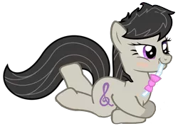 Size: 4432x3153 | Tagged: suggestive, artist:austiniousi, derpibooru import, edit, editor:grapefruitface, vector edit, octavia melody, earth pony, pony, anatomically incorrect, biting, blushing, female, incorrect leg anatomy, lying down, mare, messy mane, mouth hold, prone, seductive pose, simple background, solo, solo female, vector