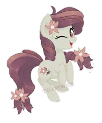 Size: 1024x1231 | Tagged: safe, artist:talentspark, derpibooru import, oc, oc:autumn harvest, unofficial characters only, earth pony, pony, female, flower, flower in hair, mare, one eye closed, simple background, solo, transparent background, wink