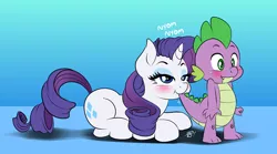 Size: 700x388 | Tagged: safe, artist:pia-sama, derpibooru import, rarity, spike, dragon, pony, unicorn, my little pony: the movie, baby, baby dragon, biting, blushing, cute, cutie mark, eyeshadow, female, makeup, male, mare, nom, prone, raribetes, shipping, signature, smiling, sound effects, sparity, spikabetes, straight, tail, tail bite