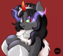 Size: 2300x2055 | Tagged: anthro, armor, artist:solratic, big breasts, breasts, busty queen umbra, cleavage, derpibooru import, evil, eyeshadow, female, horn, inktober, king sombra, looking at you, makeup, queen, queen umbra, red background, red eyes, rule 63, safe, simple background, slit eyes, solo, sombra eyes