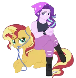 Size: 1675x1725 | Tagged: safe, artist:aerthmanolo, derpibooru import, starlight glimmer, sunset shimmer, ponified, pony, unicorn, equestria girls, spoiler:eqg specials, beanie, bit, bridle, crossed legs, digital art, equestria girls ponified, female, hat, lesbian, mare, reins, shimmerglimmer, shipping, simple background, sitting, smug, smuglight glimmer, sunset shimmer is not amused, tack, transparent background, unamused