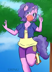 Size: 733x1000 | Tagged: safe, artist:empyu, derpibooru import, cookie crumbles, anthro, plantigrade anthro, unicorn, 30 minute art challenge, breasts, bubblegum, busty cookie crumbles, clothes, female, food, gum, mare, missing horn, peace sign, solo, younger