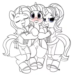 Size: 5643x5636 | Tagged: suggestive, artist:pabbley, derpibooru import, starlight glimmer, trixie, twilight sparkle, pony, unicorn, 30 minute art challenge, absurd resolution, assisted exposure, bedroom eyes, bipedal, blushing, blushing profusely, clothes, cute, diatrixes, dirndl, dress, female, glimmerbetes, lesbian, looking at you, mare, open mouth, partial color, pubic fluff, shipping, shoes, simple background, socks, startrix, twiabetes, twistarlight, twixie, twixstar, white background