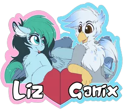 Size: 3196x2909 | Tagged: safe, artist:meggchan, derpibooru import, oc, oc:ganix, oc:liz, unofficial characters only, gryphon, pegasus, pony, badge, chest fluff, claws, couple, cute, floppy ears, fluffy, galiz, heart, heart eyes, interspecies, love, piercing, romantic, shipping, tongue out, wingding eyes
