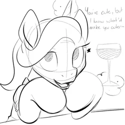 Size: 700x700 | Tagged: suggestive, artist:goat train, deleted from derpibooru, derpibooru import, oc, oc:mixi, unofficial characters only, pony, dialogue, glass, looking at you, magic, monochrome, sketch, solo, telekinesis, wine glass