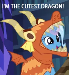 Size: 602x655 | Tagged: safe, derpibooru import, edit, edited screencap, screencap, trixie, pony, unicorn, uncommon bond, clothes, costume, cute, diatrixes, dragon costume, female, glowing horn, magic, mare, open mouth, smiling, solo, text