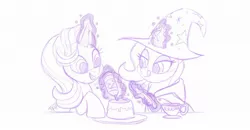 Size: 1920x997 | Tagged: safe, artist:nanook123, artist:ramivic, derpibooru import, starlight glimmer, trixie, oc, oc:vanilla flan, pony, unicorn, baking, cape, clothes, cup, duo, flan, food, fork, glowing horn, happy, hat, magic glow, offscreen character, pudding, teacup, tongue out, trixie's cape, trixie's hat, whipped cream