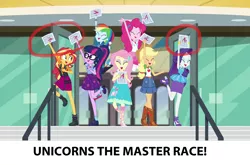 Size: 1920x1268 | Tagged: safe, derpibooru import, screencap, applejack, fluttershy, pinkie pie, rainbow dash, rarity, sci-twi, sunset shimmer, twilight sparkle, equestria girls, equestria girls series, the finals countdown, a+, converse, female, geode of empathy, geode of shielding, geode of sugar bombs, geode of super speed, geode of super strength, glasses, humane five, humane seven, humane six, magical geodes, master race, ponytail, shoes, test paper, unicorn master race