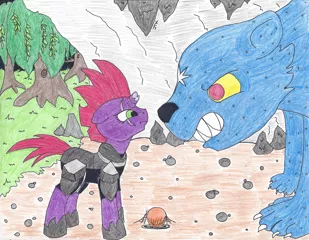 Size: 2185x1695 | Tagged: angry, artist:jamestkelley, cave, confrontation, derpibooru import, everfree forest, my little pony: the movie, reunion, safe, tempest shadow, traditional art, ursa minor