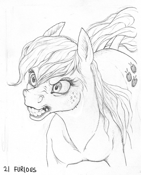 Size: 781x973 | Tagged: applejack, artist:gor1ck, derpibooru import, flared nostrils, furious, hoers, horse, horses doing horse things, monochrome, pencil drawing, safe, traditional art