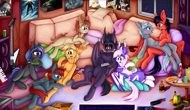 Size: 8000x4664 | Tagged: safe, artist:ivanmidnight, derpibooru import, oc, oc:midnight flight, unofficial characters only, bat pony, earth pony, pegasus, pony, unicorn, absurd resolution, alcohol, commission, computer, food, gay, group, guitar, kissing, laptop computer, lava lamp, licking, male, meat, pepperoni, pepperoni pizza, pillow, pizza, pizza box, poster, red and black oc, sofa bed, table, the thing, tongue out, window, wings