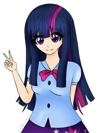 Size: 325x441 | Tagged: anime style, artist:pinkpearlmlp, derpibooru import, equestria girls outfit, human, humanized, peace sign, safe, simple background, solo, twilight sparkle, white background