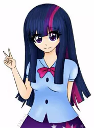 Size: 325x441 | Tagged: anime style, artist:pinkpearlmlp, derpibooru import, equestria girls outfit, human, humanized, peace sign, safe, simple background, solo, twilight sparkle, white background