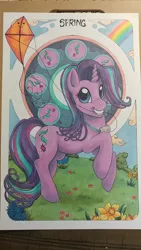 Size: 1836x3264 | Tagged: safe, artist:helicityponi, derpibooru import, starlight glimmer, pony, unicorn, cloud, cute, cutie mark, female, flower, glimmerbetes, grass, grin, jewelry, kite, looking at you, mare, modern art, mouth hold, necklace, nouveau, rainbow, rearing, smiley face, smiling, solo, that pony sure does love kites, traditional art