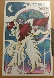 Size: 1429x2048 | Tagged: safe, artist:helicityponi, derpibooru import, princess luna, oc, oc:fausticorn, alicorn, bat pony, pony, alicorn oc, female, looking at you, mare, solo, traditional art