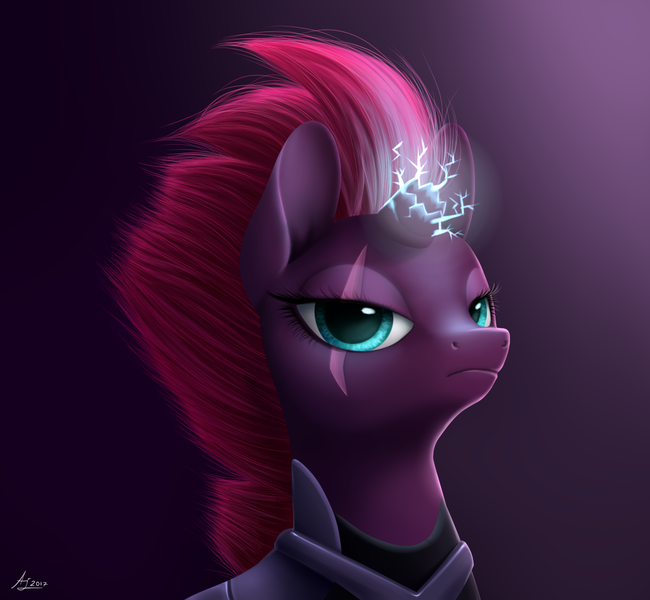 Size: 1300x1200 | Tagged: safe, artist:luminousdazzle, derpibooru import, tempest shadow, pony, unicorn, my little pony: the movie, armor, broken horn, eye scar, female, horn, looking at you, mare, scar, solo, sparking horn