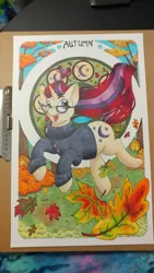 Size: 1152x2048 | Tagged: safe, artist:helicityponi, derpibooru import, moondancer, pony, unicorn, bush, clothes, cutie mark, female, glasses, leaf, looking at you, mare, modern art, nouveau, solo, sweater, traditional art, tree