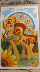 Size: 1152x2048 | Tagged: safe, artist:helicityponi, derpibooru import, sunset shimmer, pony, unicorn, beautiful, female, flower, looking at you, mare, modern art, nouveau, solo, sunflower, traditional art