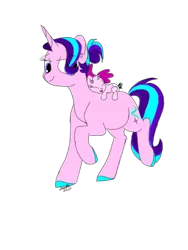Size: 600x800 | Tagged: safe, artist:doodletheexpoodle, derpibooru import, starlight glimmer, oc, oc:pocket watch, pony, alternate hairstyle, baby, baby pony, colored hooves, female, mother and daughter, offspring, parent:doctor whooves, parent:starlight glimmer, parents:starwhooves, ponies riding ponies, simple background, tongue out, transparent background