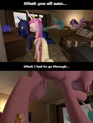 Size: 2000x2650 | Tagged: 3d, alicorn, artist:johnnyxluna, derpibooru import, gmod, macro, micro, oc, oc:vanilla beam, princess cadance, princess celestia, princess luna, safe, size difference, twilight sparkle, twilight sparkle (alicorn)