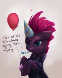 Size: 800x1000 | Tagged: safe, artist:vanillaghosties, derpibooru import, tempest shadow, pony, unicorn, my little pony: the movie, balloon, broken horn, confetti, cupcake, dialogue, eye scar, female, floppy ears, food, hat, hoof hold, looking at you, mare, party hat, party horn, scar, simple background, solo, tempest gets her horn back, tempest the birthday guest, tsundere, tsundere shadow
