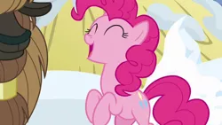 Size: 1280x720 | Tagged: safe, derpibooru import, screencap, pinkie pie, pony, yak, not asking for trouble, happy, snow, solo focus