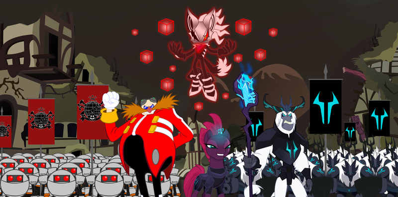 Size: 4485x2228 | Tagged: army, artist:trungtranhaitrung, banner, crossover, cube, derpibooru import, doctor eggman, egg pawn, infinite (character), my little pony: the movie, phantom ruby, safe, sonic forces, sonic the hedgehog (series), spoiler:my little pony the movie, storm guard, storm king, tempest shadow