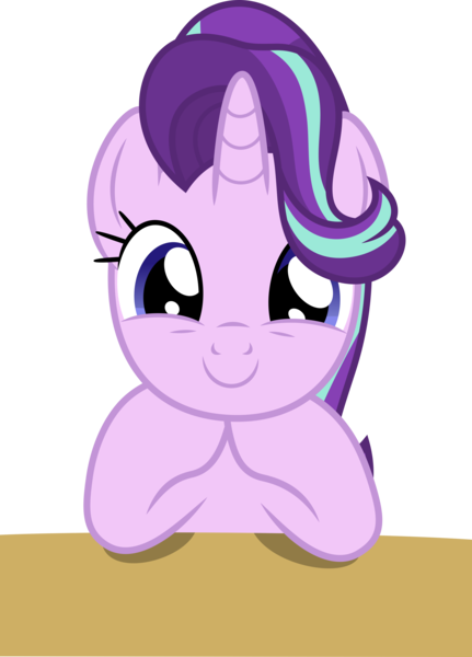 Size: 3593x5000 | Tagged: safe, artist:dashiesparkle, derpibooru import, starlight glimmer, pony, unicorn, uncommon bond, bust, cute, female, glimmerbetes, hair flip, hair over one eye, horn, looking at you, mare, simple background, smiling, solo, table, transparent background, vector