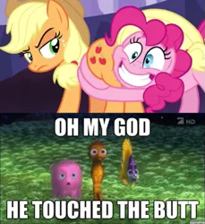 Size: 501x547 | Tagged: applejack, butthug, butt touch, derpibooru import, edit, edited screencap, faceful of ass, finding nemo, he touched the butt, hug, pinkie hugging applejack's butt, pinkie pie, pixar, raised eyebrow, safe, screencap, shadow play