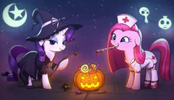 Size: 1637x943 | Tagged: safe, artist:agaberu, derpibooru import, pinkie pie, rarity, earth pony, pony, spider, unicorn, broom, candy, chromatic aberration, clothes, costume, dress, duo, eyeshadow, female, food, halloween, hat, holiday, jack-o-lantern, knife, lidded eyes, looking at you, makeup, mare, moon, mouth hold, night, nurse, pinkamena diane pie, pumpkin, scalpel, shoes, smiling, stars, witch, witch hat