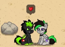 Size: 352x255 | Tagged: safe, derpibooru import, oc, oc:envy dio, oc:night wing, unofficial characters only, bat pony, pony, pony town, fangs, female, love, male, shipping, sitting, stallion, stone, wings