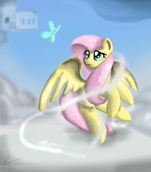 Size: 4000x4570 | Tagged: safe, artist:phendyl, derpibooru import, fluttershy, butterfly, pony, absurd resolution, cloud, flying, solo