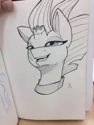 Size: 720x960 | Tagged: safe, artist:polubroni, artist:polubrony, derpibooru import, tempest shadow, pony, unicorn, my little pony: the movie, armor, broken horn, bust, eye scar, magic, monochrome, portrait, scar, smiling, solo, traditional art