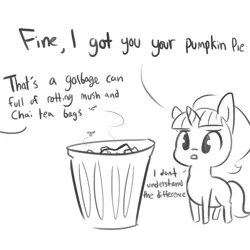 Size: 1650x1650 | Tagged: safe, artist:tjpones, derpibooru import, starlight glimmer, fly, pony, unicorn, dialogue, grayscale, incorrect opinion, missing cutie mark, monochrome, offscreen character, pumpkin pie, simple background, solo, south park, trash, trash can, white background