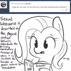 Size: 1650x1650 | Tagged: safe, artist:tjpones, derpibooru import, fluttershy, pegasus, pony, ask, biology, book, bust, dialogue, grayscale, hilarious in hindsight, hoof hold, lewd, monochrome, oh my, reading, sex education, simple background, solo, tumblr, white background