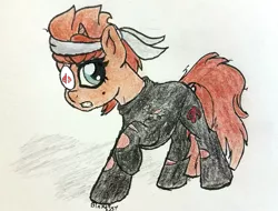Size: 1693x1285 | Tagged: safe, artist:binkyt11, derpibooru import, oc, oc:hide, ponified, unofficial characters only, pony, unicorn, derpibooru, beauty mark, clothes, cosplay, costume, derpibooru ponified, edgy, eyepatch, female, illusion, mare, meta, raised hoof, solo, traditional art, twibooru theme illusion