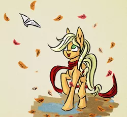 Size: 1239x1143 | Tagged: safe, artist:akweer, derpibooru import, applejack, earth pony, pony, autumn, clothes, female, leaf, mare, missing accessory, paper plane, raised hoof, scarf, simple background, smiling, solo