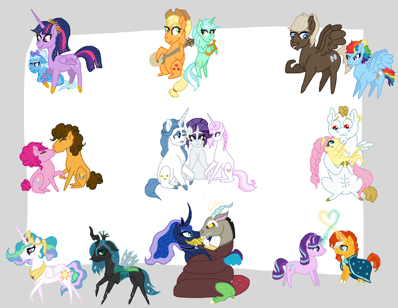 Size: 2604x2015 | Tagged: safe, artist:theforgottenlioness, derpibooru import, applejack, bulk biceps, cheese sandwich, discord, dumbbell, fancypants, fleur-de-lis, fluttershy, lyra heartstrings, pinkie pie, princess celestia, princess luna, queen chrysalis, rainbow dash, rarity, starlight glimmer, sunburst, trixie, twilight sparkle, bisexual, cheesepie, chryslestia, crack shipping, dumbdash, fancyfleur, female, fleurity, flutterbulk, lesbian, lunacord, lyrajack, male, polyamory, raripants, shipping, starburst, straight, twixie