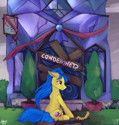 Size: 1800x1900 | Tagged: safe, artist:varllai, derpibooru import, oc, oc:tori, unofficial characters only, earth pony, pony, blue eyes, blue mane, crown, crying, jewelry, regalia, sad, shop, sitting, tree, yellow fur