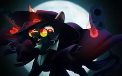 Size: 1920x1198 | Tagged: safe, artist:taneysha, derpibooru import, oc, oc:lavrushka, pony, unicorn, alucard, anime, clothes, crossover, duality, fangs, female, full moon, glasses, glowing horn, gun, hat, hellsing, mare, moon, weapon