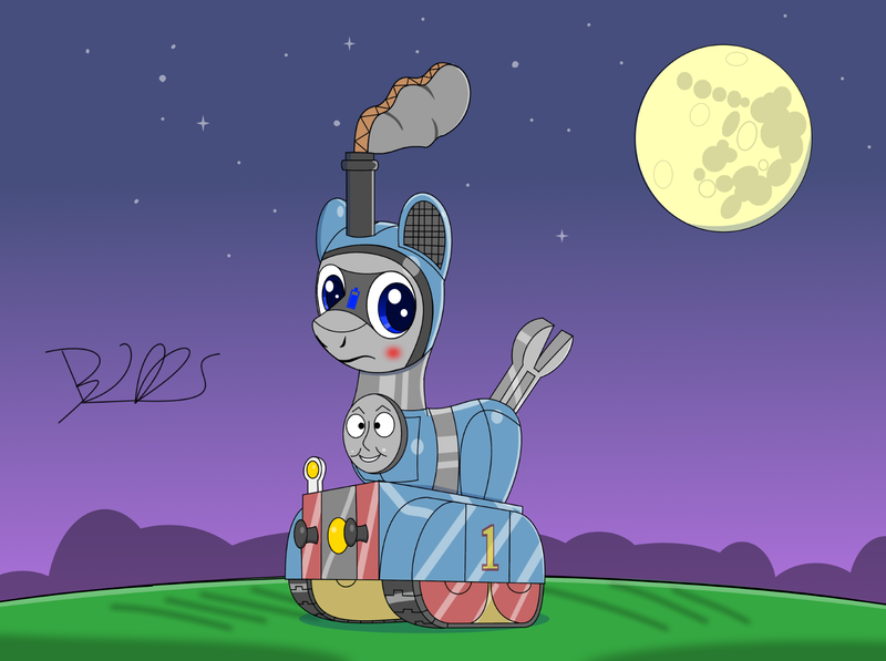 Size: 2000x1493 | Tagged: safe, artist:trackheadtherobopony, derpibooru import, oc, oc:trackhead, unofficial characters only, pony, robot, robot pony, blushing, clothes, cosplay, costume, embarrassed, moon, night, nightmare night, signature, solo, stars, thomas the tank engine
