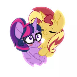 Size: 1500x1500 | Tagged: safe, artist:chautung, derpibooru import, sci-twi, sunset shimmer, twilight sparkle, twilight sparkle (alicorn), ponified, alicorn, pony, unicorn, blushing, cute, equestria girls ponified, eyes closed, female, glasses, heart, hug, lesbian, mare, scitwilicorn, scitwishimmer, shipping, simple background, sunsetsparkle, twiabetes, white background